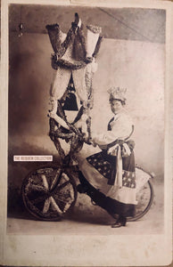 Cabinet Card featuring Costumed Woman on Liberty Themed Bicycle Float