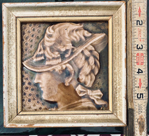 Victorian Lady in Hat Antique Art Tile SIGNED Tobacco Glaze